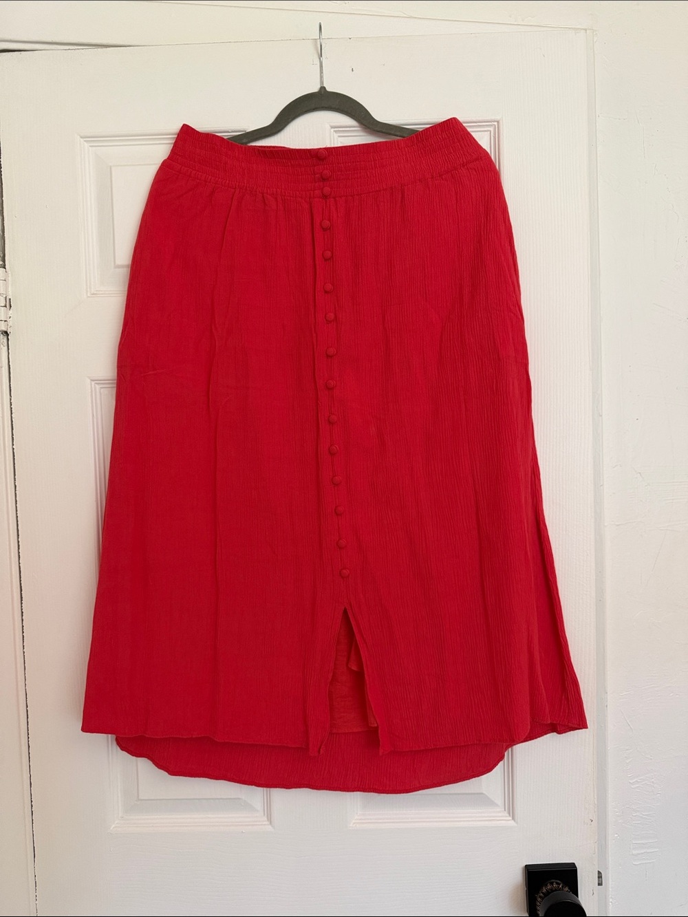 Madewell Cherry Red High-Low Button-Front Midi Skirt